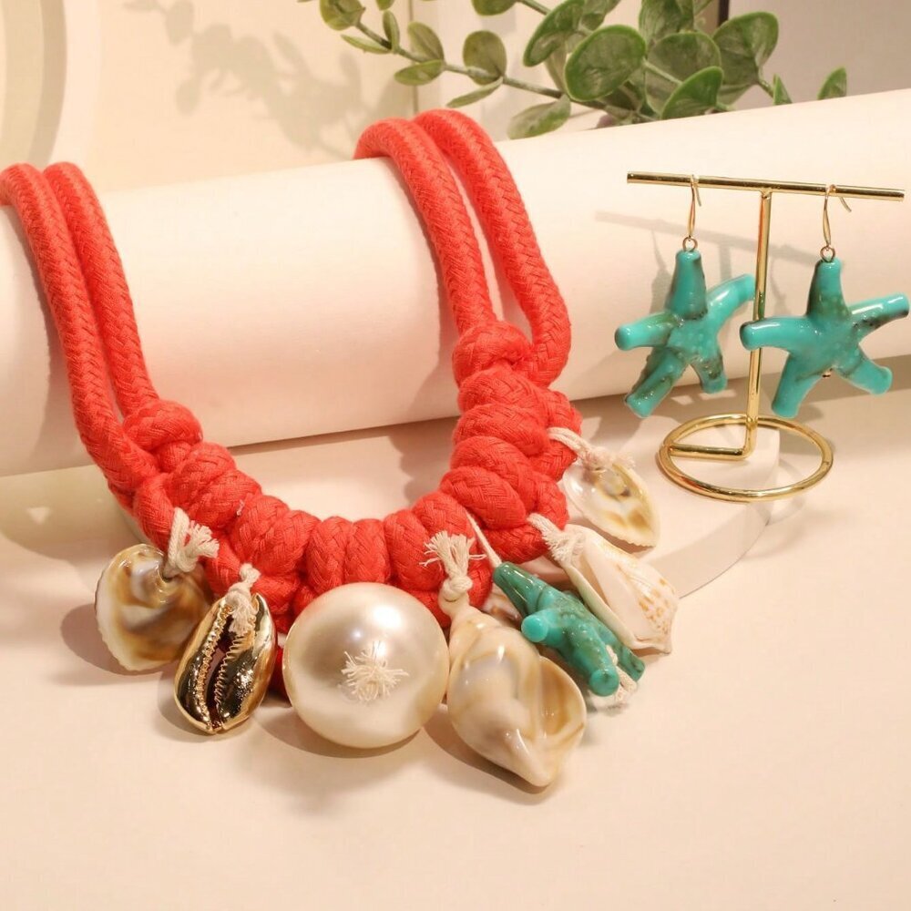 Multicolor Boho Women's Seascape Theme Beaded Necklace & Earrings Set - Picture 2 of 6